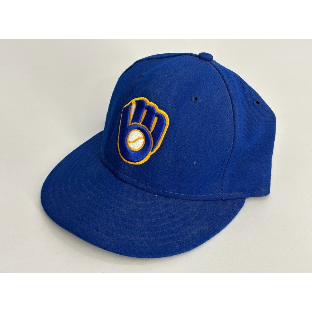 Milwaukee Brewers New Era 59FIFTY Baseball Fitted Hat‎ Cap Mens Blue 7 1/4